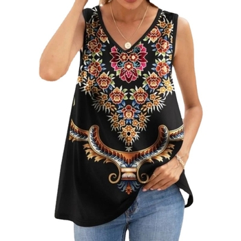 Γυναικείο τοπ χωρίς μανίκια με μποέμ εκτύπωση και V-λαιμό, ύφασμα πολυεστερική διχτυωτή ύφανση, κανονικό μήκος 50–65 cm