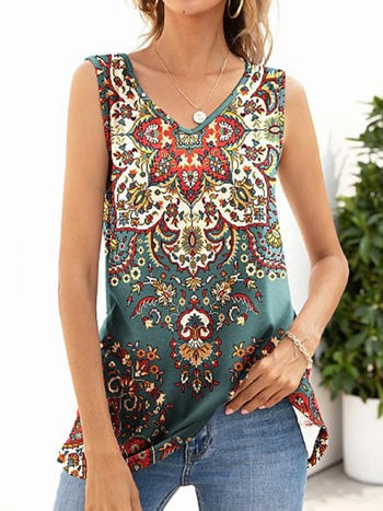 Γυναικείο τοπ χωρίς μανίκια με μποέμ εκτύπωση και V-λαιμό, ύφασμα πολυεστερική διχτυωτή ύφανση, κανονικό μήκος 50–65 cm