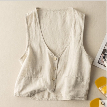 Жилет с V-образно деколте, литературно ретро стил, памук-лен плат, къс модел (40–50 см)
