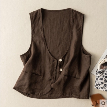 Жилет с V-образно деколте, литературно ретро стил, памук-лен плат, къс модел (40–50 см)