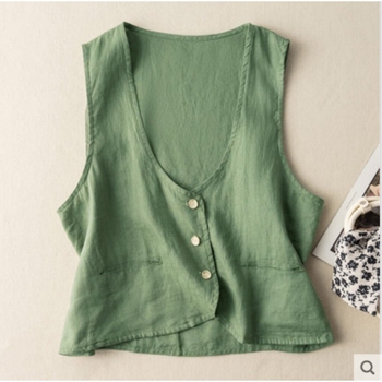 Жилет с V-образно деколте, литературно ретро стил, памук-лен плат, къс модел (40–50 см)