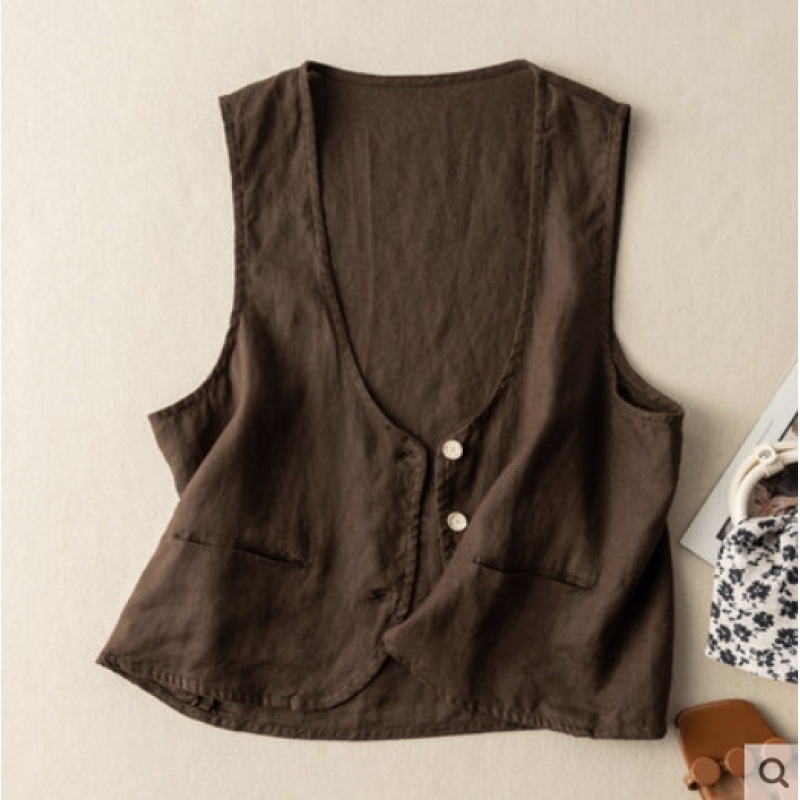 Жилет с V-образно деколте, литературно ретро стил, памук-лен плат, къс модел (40–50 см)