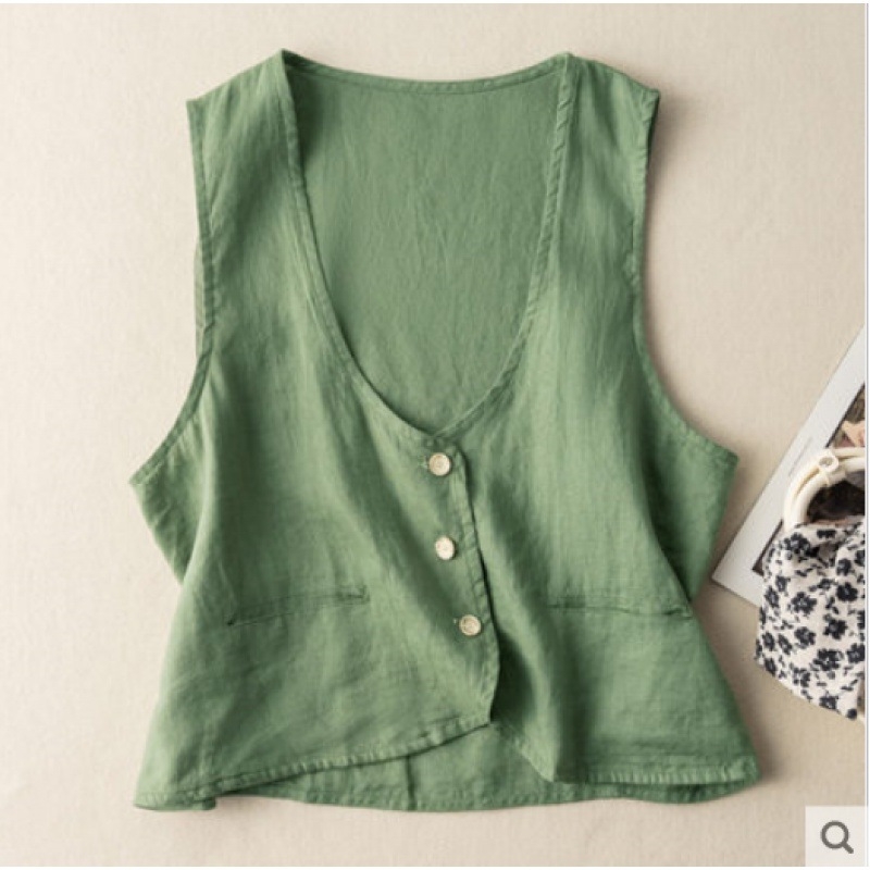 Жилет с V-образно деколте, литературно ретро стил, памук-лен плат, къс модел (40–50 см)