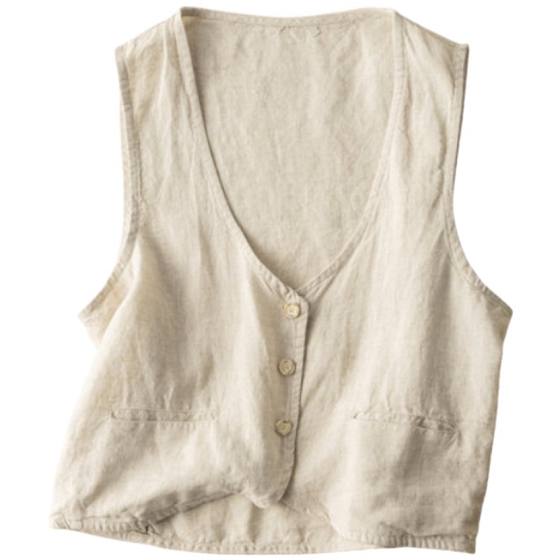 Жилет с V-образно деколте, литературно ретро стил, памук-лен плат, къс модел (40–50 см)