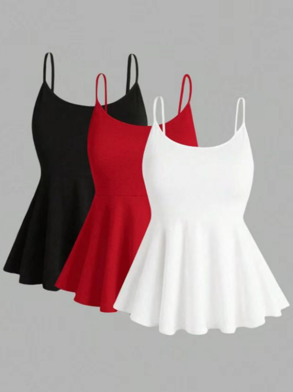 3 vnt. moterų vasaros camisole tops rinkinio, poliesterio–spandekso mišinys, mikroelastinis, ilgis 50–65 cm, petnešos nėra nuimamos, siauras kirpimas, vasara 2025