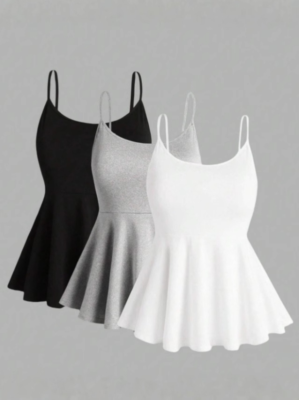 3 vnt. moterų vasaros camisole tops rinkinio, poliesterio–spandekso mišinys, mikroelastinis, ilgis 50–65 cm, petnešos nėra nuimamos, siauras kirpimas, vasara 2025