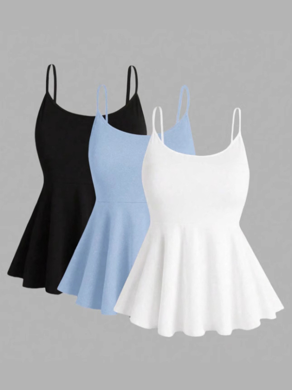 3 vnt. moterų vasaros camisole tops rinkinio, poliesterio–spandekso mišinys, mikroelastinis, ilgis 50–65 cm, petnešos nėra nuimamos, siauras kirpimas, vasara 2025