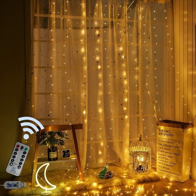 Saules enerģijas LED aizkaru gaismas no vara, Ziemassvētku dekori, 300 LED, 1000 lm, IP43, ar regulējamu spilgtumu, modelis 0646