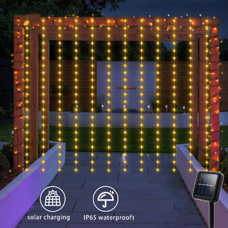 Napelemes LED réz függönyfény karácsonyi dekorációhoz, 300 LED, 1000 lm, IP43, dimmelhető, modell 0646