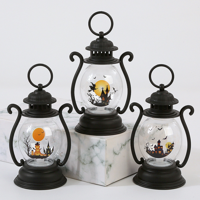 Halloween LED lámpás függő dísz, műanyagból – helyszíni díszlet, retro olajlámpa-stílusú dekoráció