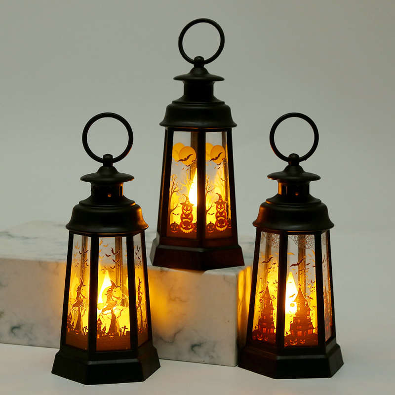 Хелоуин LED фенер за бюро, ретро шестъгълен дизайн, материали: пластмаса и стъкло, декоративен реквизит за сценично оформление