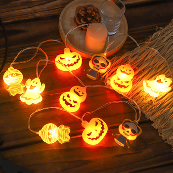 Halloween LED fényfüzér tök, koponya és szellem motívumokkal, 20 LED-del, IP42, bemeneti feszültség ≤36V, élettartam 50 000 óra, akkumulátoros doboz