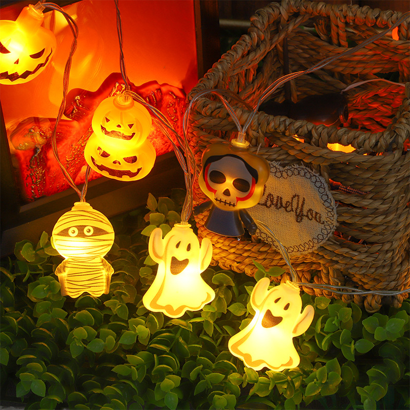 Halloween LED fényfüzér tök, koponya és szellem motívumokkal, 20 LED-del, IP42, bemeneti feszültség ≤36V, élettartam 50 000 óra, akkumulátoros doboz