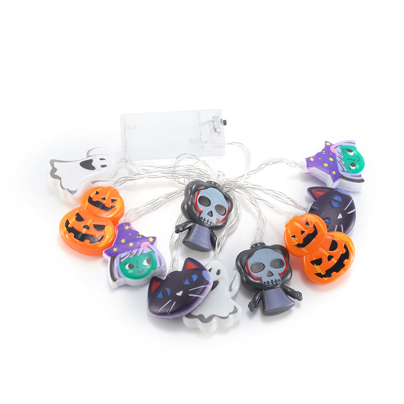 Halloween LED fényfüzér tök, koponya és szellem motívumokkal, 20 LED-del, IP42, bemeneti feszültség ≤36V, élettartam 50 000 óra, akkumulátoros doboz