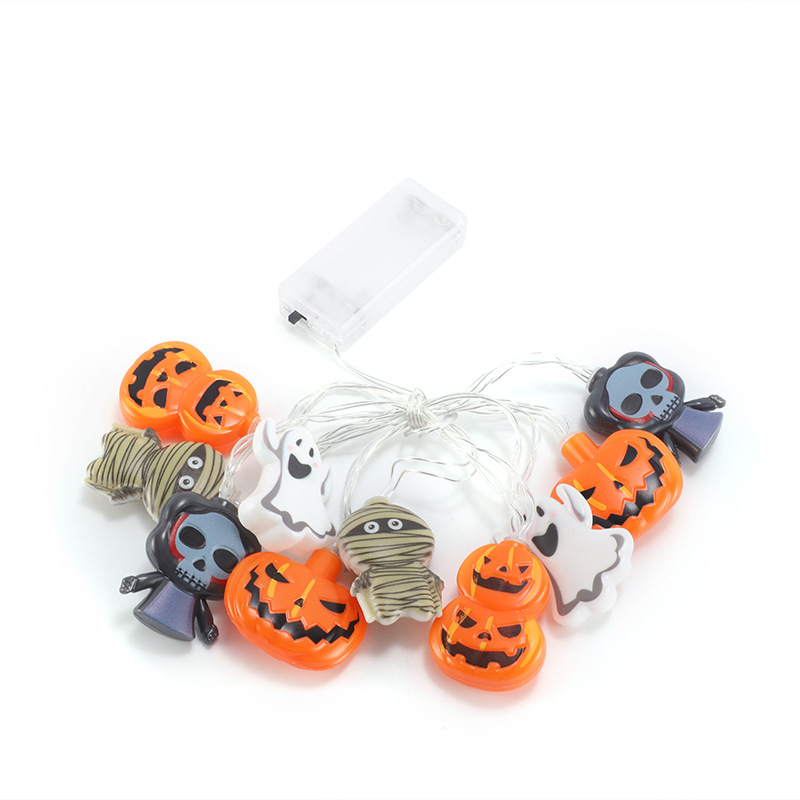 Halloween LED fényfüzér tök, koponya és szellem motívumokkal, 20 LED-del, IP42, bemeneti feszültség ≤36V, élettartam 50 000 óra, akkumulátoros doboz