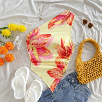 Γυναικείος τοπ με ασύμμετρο σχέδιο ενός ώμου και φλοράλ εκτύπωση φυτών, από μιλκ σιλκ, πολυεστέρας 90–95% και σπάντεξ <30%, κοντό μήκος