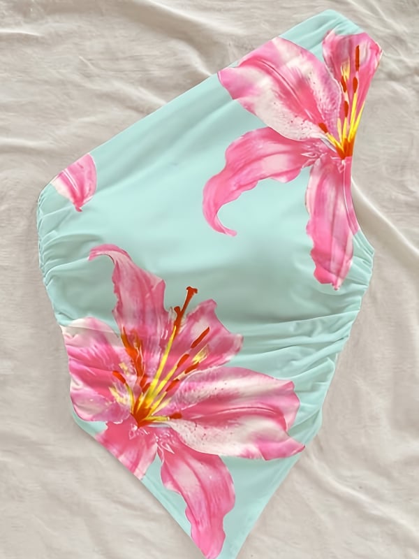 Ženski top s asimetričnim dizajnom bez naramenica, s cvjetnim printom, od mliječne svile, poliester 90–95% i spandex <30%, kratki kroj