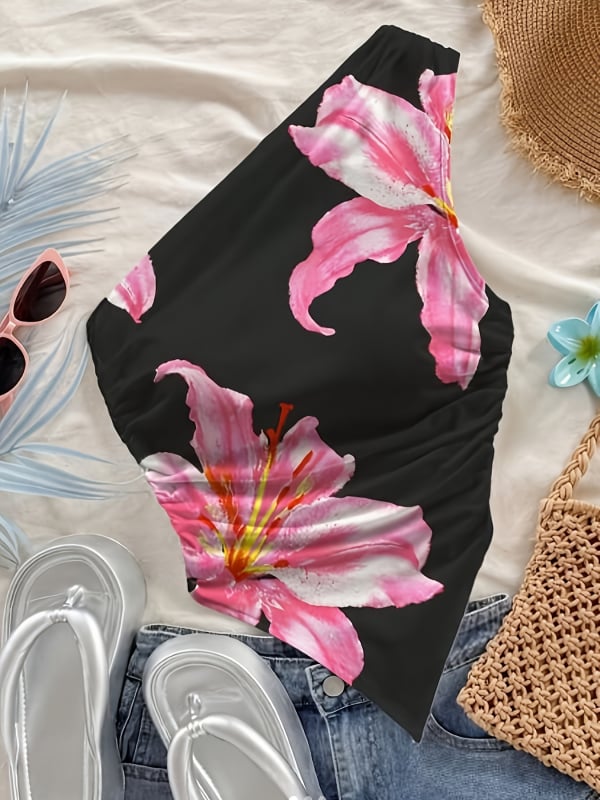 Ženski top s asimetričnim dizajnom bez naramenica, s cvjetnim printom, od mliječne svile, poliester 90–95% i spandex <30%, kratki kroj