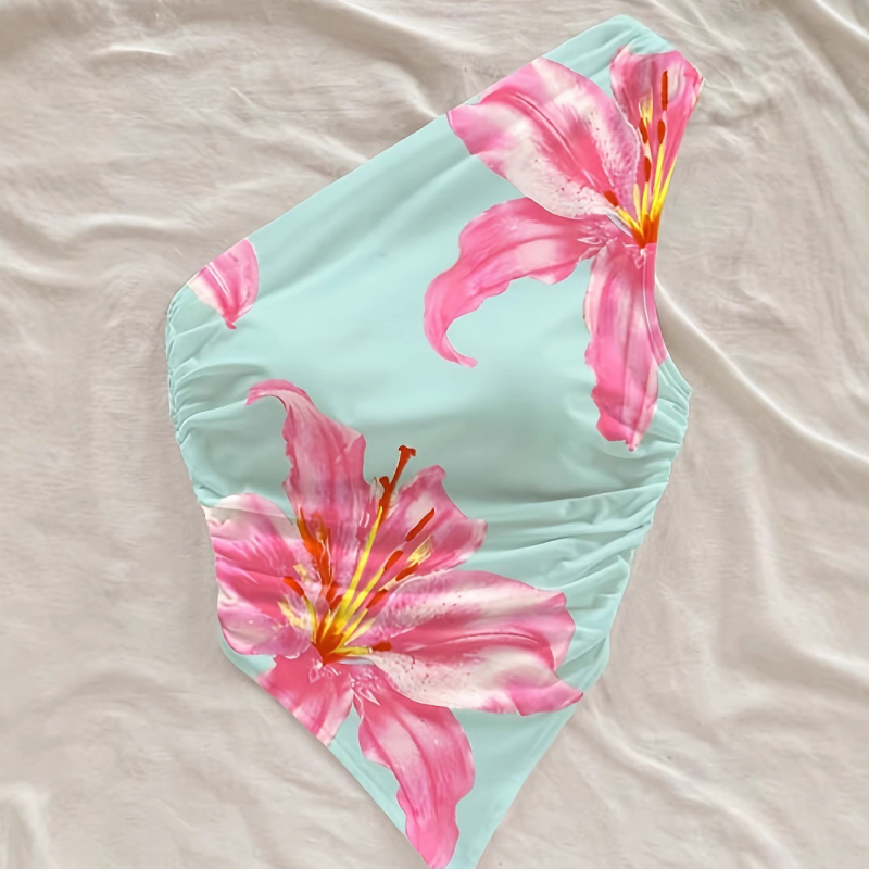 Ženski top s asimetričnim dizajnom bez naramenica, s cvjetnim printom, od mliječne svile, poliester 90–95% i spandex <30%, kratki kroj