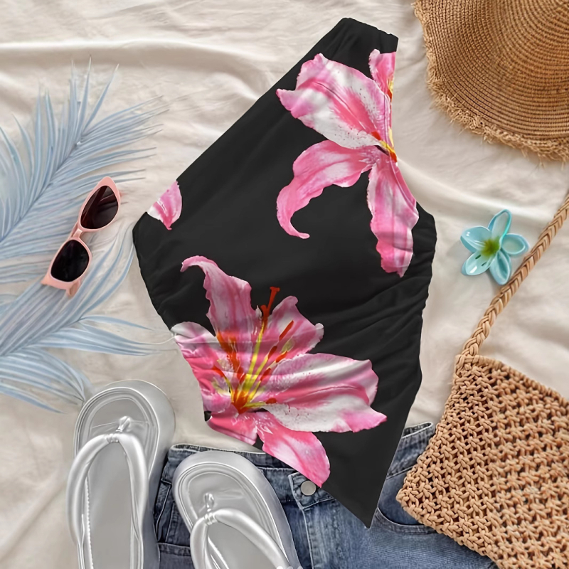 Ženski top s asimetričnim dizajnom bez naramenica, s cvjetnim printom, od mliječne svile, poliester 90–95% i spandex <30%, kratki kroj