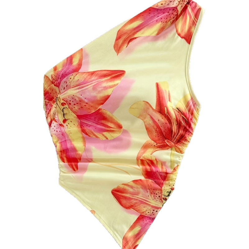 Ženski top s asimetričnim dizajnom bez naramenica, s cvjetnim printom, od mliječne svile, poliester 90–95% i spandex <30%, kratki kroj