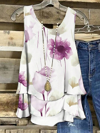 Γυναικεία μπλούζα χωρίς μανίκια με φλοράλ εκτύπωση, πολυεστέρας με ελαστάνη, στρογγυλή λαιμόκοψη, μεσαίου μήκους, καλοκαιρινό μοντέλο