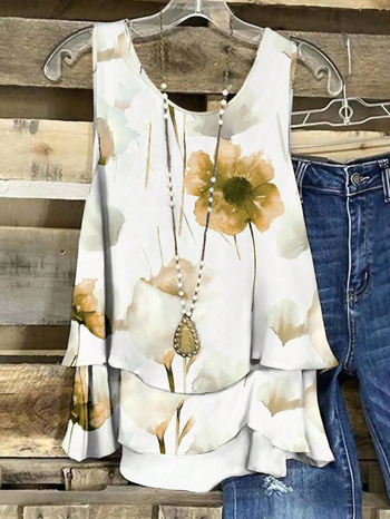 Γυναικεία μπλούζα χωρίς μανίκια με φλοράλ εκτύπωση, πολυεστέρας με ελαστάνη, στρογγυλή λαιμόκοψη, μεσαίου μήκους, καλοκαιρινό μοντέλο