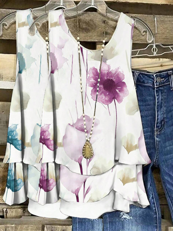Γυναικεία μπλούζα χωρίς μανίκια με φλοράλ εκτύπωση, πολυεστέρας με ελαστάνη, στρογγυλή λαιμόκοψη, μεσαίου μήκους, καλοκαιρινό μοντέλο