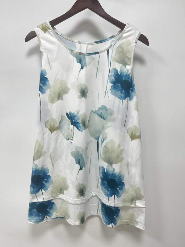 Γυναικεία μπλούζα χωρίς μανίκια με φλοράλ εκτύπωση, πολυεστέρας με ελαστάνη, στρογγυλή λαιμόκοψη, μεσαίου μήκους, καλοκαιρινό μοντέλο