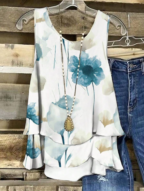 Γυναικεία μπλούζα χωρίς μανίκια με φλοράλ εκτύπωση, πολυεστέρας με ελαστάνη, στρογγυλή λαιμόκοψη, μεσαίου μήκους, καλοκαιρινό μοντέλο