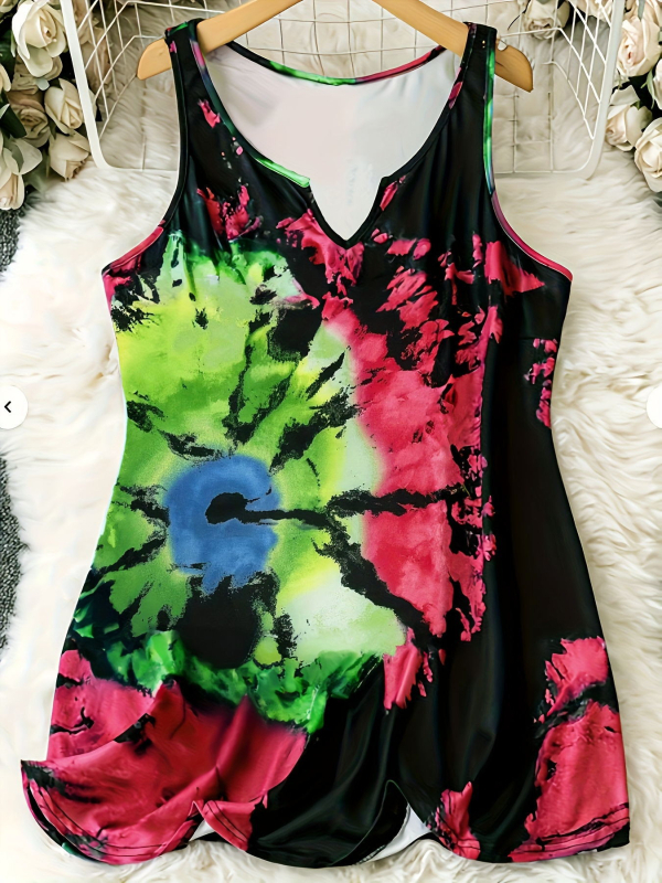 Moterų trumpas V formos kaklo atviras topas su abstrakčiu nupieštu spausdiniu, poliesteris, vasara 2024, laisvas kirpimas, gatvės hipster stilius