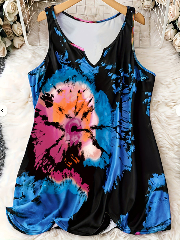 Moterų trumpas V formos kaklo atviras topas su abstrakčiu nupieštu spausdiniu, poliesteris, vasara 2024, laisvas kirpimas, gatvės hipster stilius