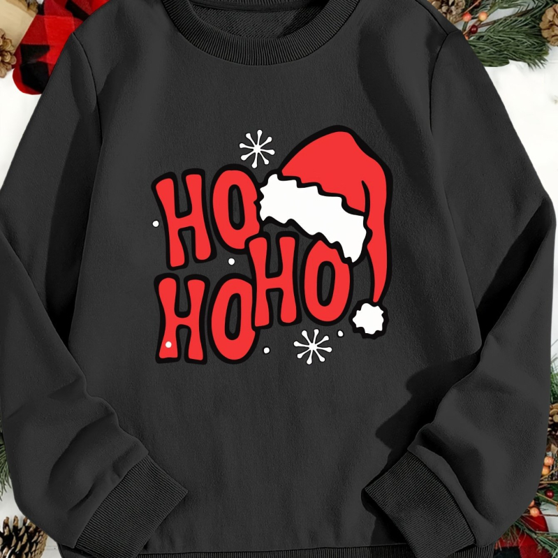 Krekliņš ar apdruku Ho Ho Ho Christmas Hat, brīvs piegriezums, garas piedurknes, apaļš kakls, poliesters