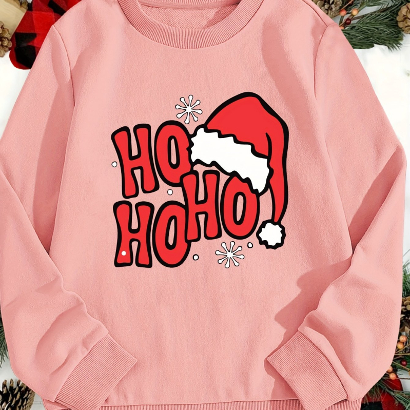 Krekliņš ar apdruku Ho Ho Ho Christmas Hat, brīvs piegriezums, garas piedurknes, apaļš kakls, poliesters