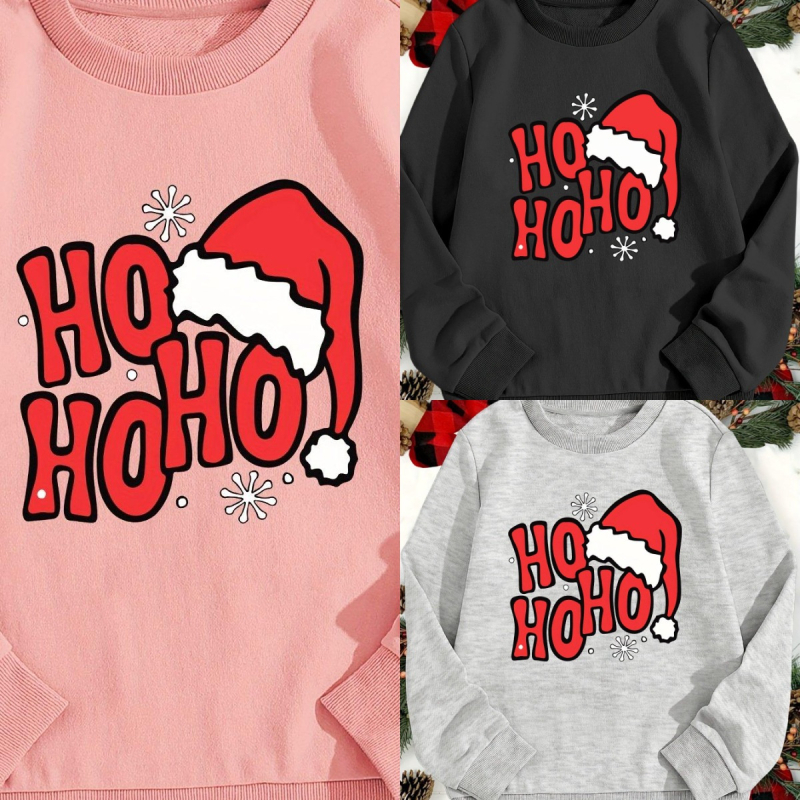 Krekliņš ar apdruku Ho Ho Ho Christmas Hat, brīvs piegriezums, garas piedurknes, apaļš kakls, poliesters