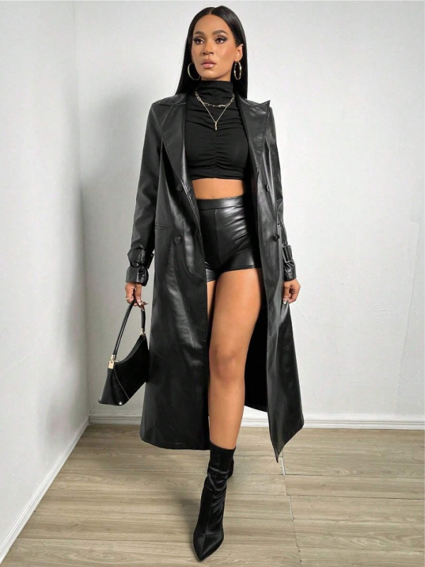 Moteriškas ilgas PU odos paltas, dviejų eilių užsegimas, kostiumo tipo apykaklė, poliesterio audinys, ilgis 80–100 cm