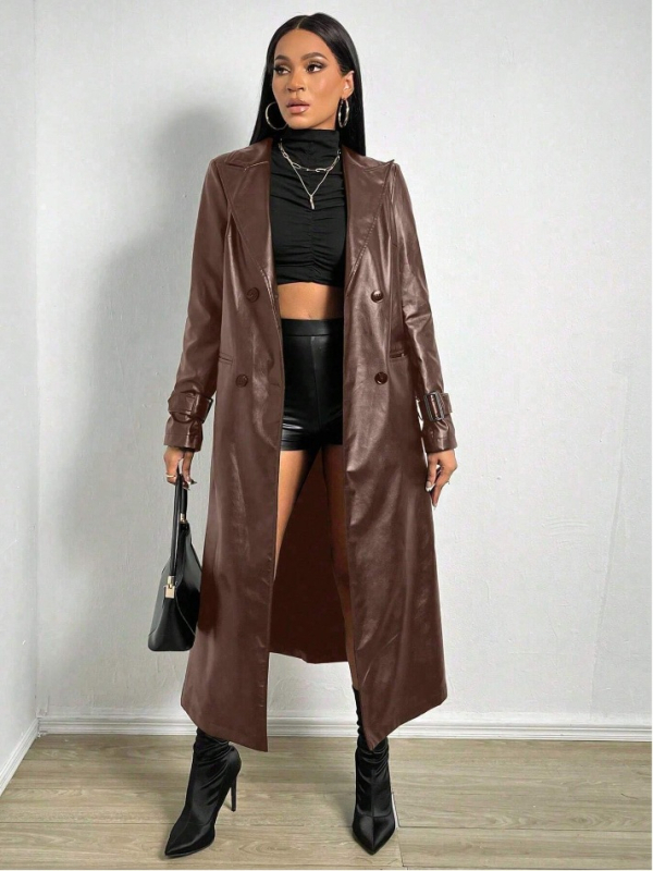 Moteriškas ilgas PU odos paltas, dviejų eilių užsegimas, kostiumo tipo apykaklė, poliesterio audinys, ilgis 80–100 cm