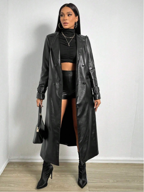 Moteriškas ilgas PU odos paltas, dviejų eilių užsegimas, kostiumo tipo apykaklė, poliesterio audinys, ilgis 80–100 cm