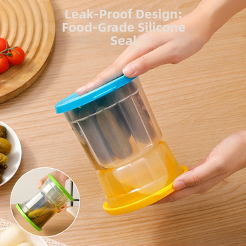 Separuotos marinuotų produktų indas su sausos ir drėgnos atskyrimo sistema šaldytuve — apvalios formos, medžiaga PP silikonas, talpa 1–2 L