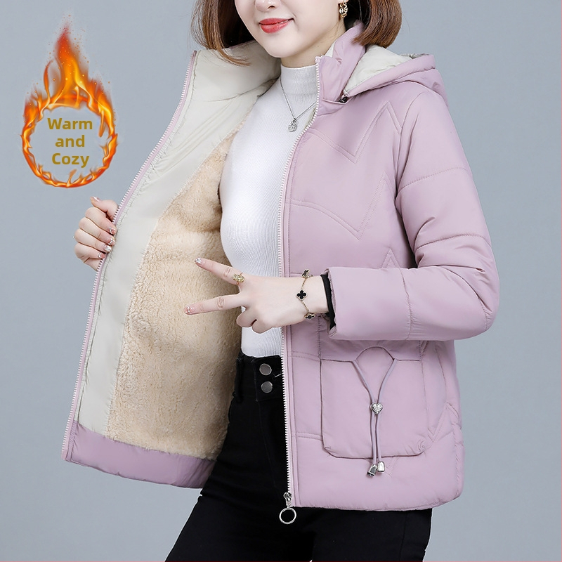 Moteriška trumpa medvilninė striukė su fleece įdėklu, žiemai 2024, laisva kirpimo, gobtuvas, užtrauktukas