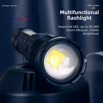 LED φακός με οπτικό ζουμ, χειροκίνητη λειτουργία, μακρινή δέσμη έως 500 μ, COB πλευρικό φως και τράπεζα ισχύος