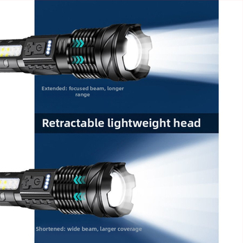 LED φακός με οπτικό ζουμ, χειροκίνητη λειτουργία, μακρινή δέσμη έως 500 μ, COB πλευρικό φως και τράπεζα ισχύος