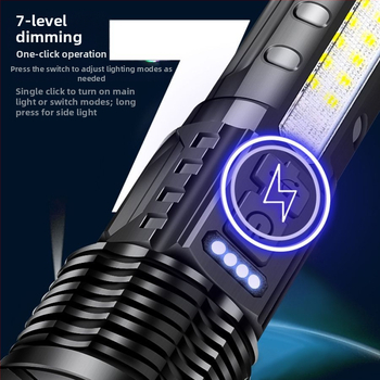 LED φακός με οπτικό ζουμ, χειροκίνητη λειτουργία, μακρινή δέσμη έως 500 μ, COB πλευρικό φως και τράπεζα ισχύος