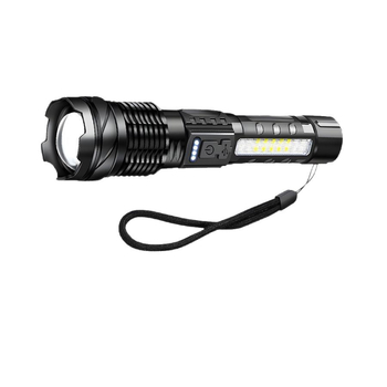 LED φακός με οπτικό ζουμ, χειροκίνητη λειτουργία, μακρινή δέσμη έως 500 μ, COB πλευρικό φως και τράπεζα ισχύος