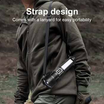 Φακός LED με σώμα από κράμα αλουμινίου, 15W, ενσωματωμένη μπαταρία 5400 mAh, επαναφορτιζόμενο, με λειτουργία Power Bank, εμβέλεια ≥ 500 m