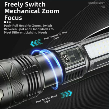 Φακός LED με σώμα από κράμα αλουμινίου, 15W, ενσωματωμένη μπαταρία 5400 mAh, επαναφορτιζόμενο, με λειτουργία Power Bank, εμβέλεια ≥ 500 m