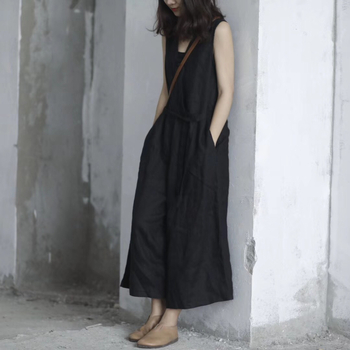 Женски гащеризон с презрамки от ленено-хемпова смес, свободна кройка, висока талия, широки крачоли