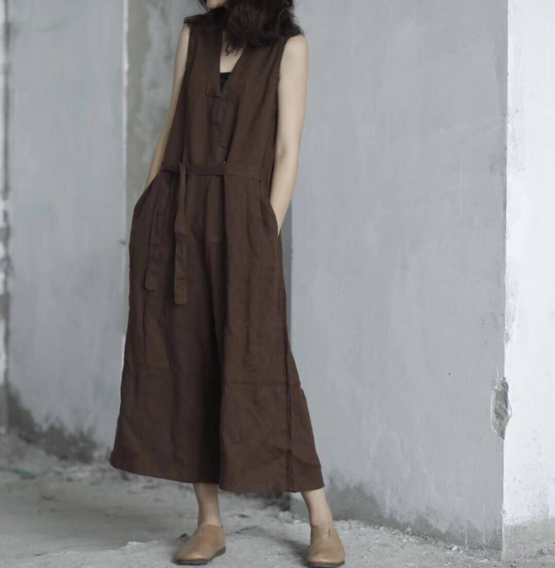 Женски гащеризон с презрамки от ленено-хемпова смес, свободна кройка, висока талия, широки крачоли