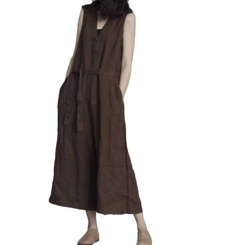 Женски гащеризон с презрамки от ленено-хемпова смес, свободна кройка, висока талия, широки крачоли