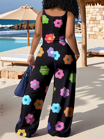 Γυναικεία ολόσωμη φόρμα με τροπικό εκτύπωμα, πολυεστέρας, φαρδιά παντελόνια